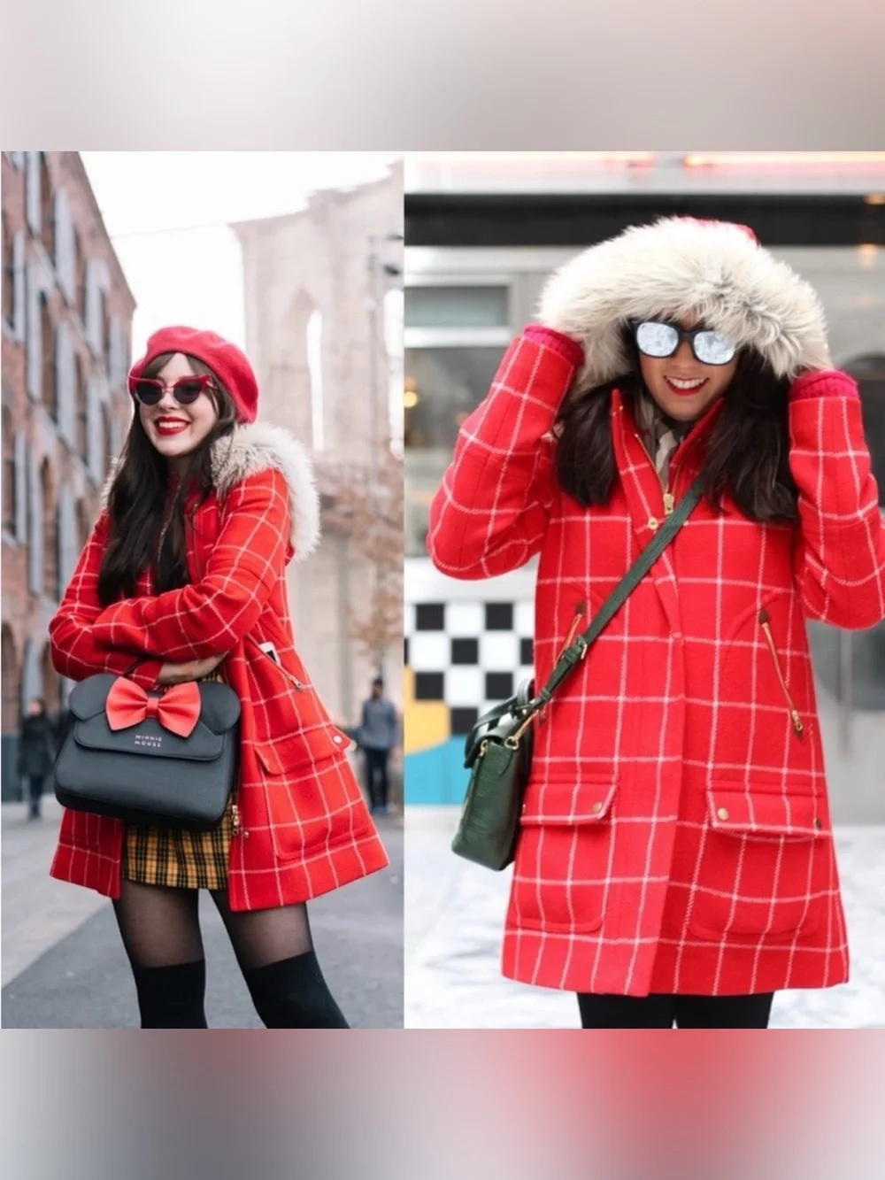 JCrew Chateau Wool Parka Red White Windowpane Plaid Coat w/ Faux Fur Trim Hood 2